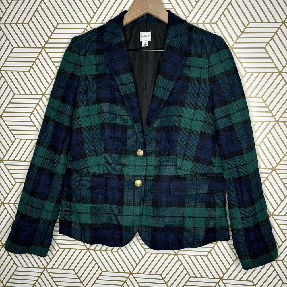 J.Crew Schoolboy Blazer Black Watch Tartan Plaid Green Navy Gold Button Jacket 6